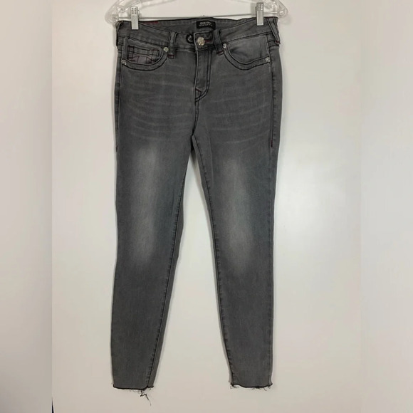 True Religion Jennie Curvy Jeans Women's 28 Gray  Denim Mid Rise Skinny Raw Hem - Picture 1 of 15